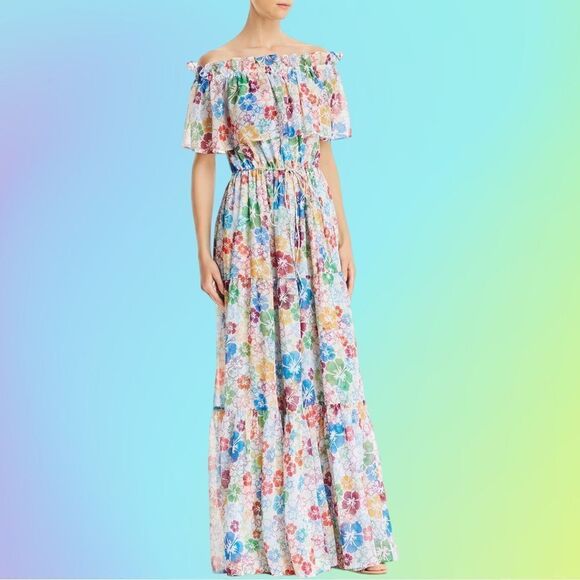 ALL THINGS MOCHI Kona Floral Bardot Chiffon Maxi Dress M - Picture 15 of 16